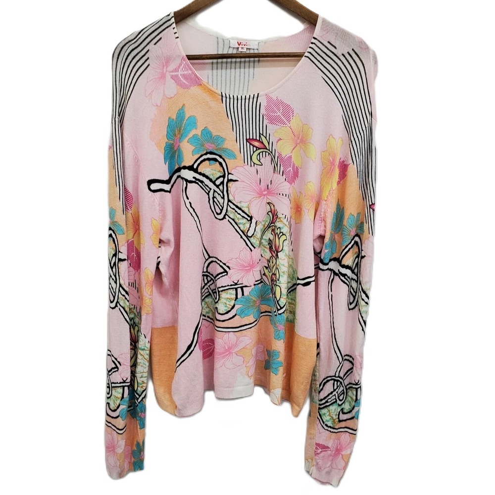 Vivi Womens XL Floral Art Top Pastel Boho Whimsical Lightweight Knit Pullover